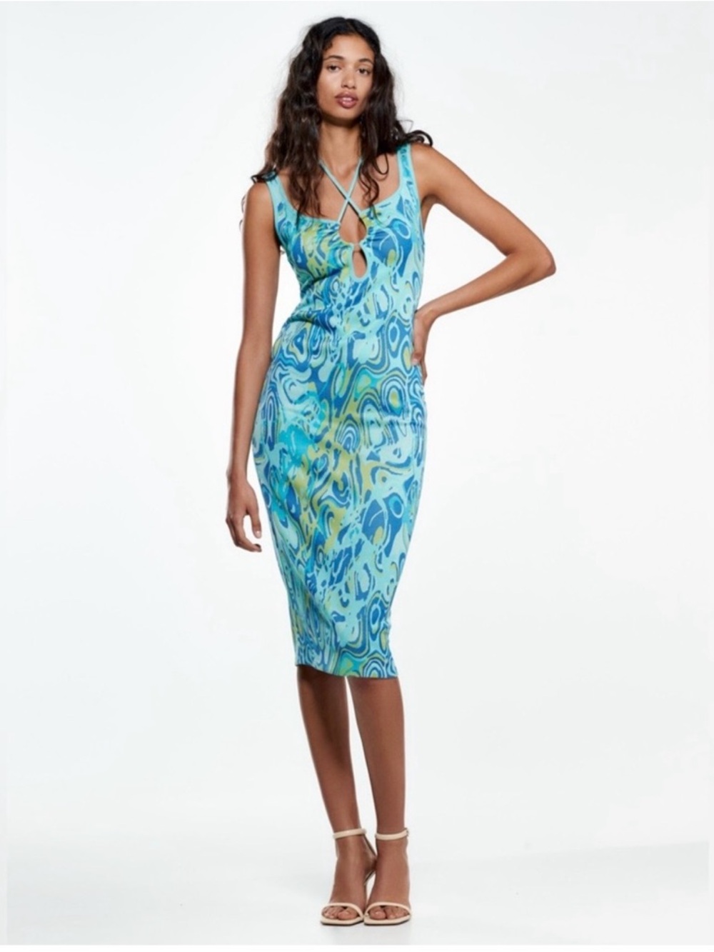 Zara Blue & Green Marble-Print Midi Dress with Crisscross Neck